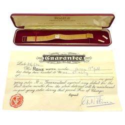 Rone 9ct gold ladies manual wind wristwatch, on integrated 9ct gold bracelet, London 1973