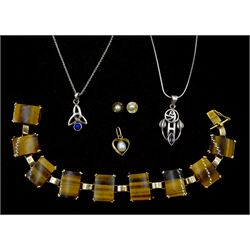 9ct gold jewellery including tiger's eye rectangle link bracelet, heart shaped pendant set with a pearl and a pair of pearl stud earrings, silver amethyst Mackintosh rose pendant necklace and one other silver necklace 