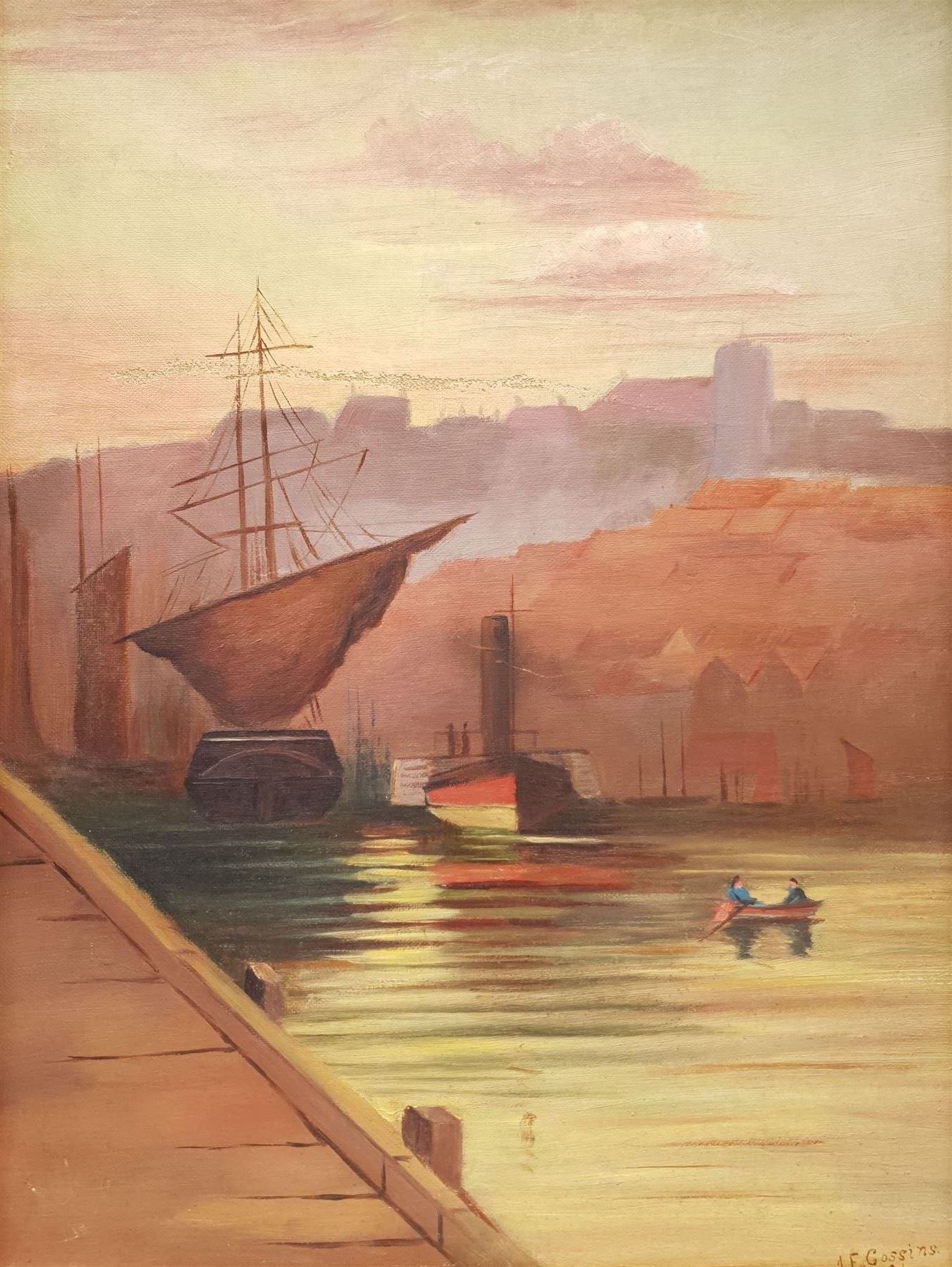 A E Gossin (British 19th/20th century): Steamer in Whitby Harbour, oil on canvas signed and dated 1891, 39cm x 29cm