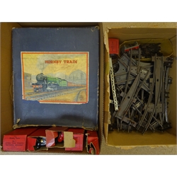  Hornby '0' gauge - No.601 LNER Goods Train Set with Type 501 0-4-0 locomotive No.1842, tender and three wagons, boxed, five additional boxed wagons and a quantity of track, buffers, signal etc, in two boxes  