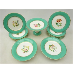  19th century porcelain dessert service, hand painted with floral sprays within a turquoise border twelve plates, two low comports and one tall (15)  
