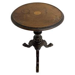 Victorian walnut tripod table, circular moulded top on turned and lobe carved pedestal, on three acanthus carved and block supports