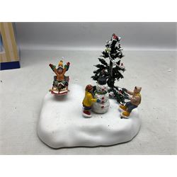 Christmas decorations; Lamax light up English Lane wall hanging, together with Lemax Frolic in the snow, Victorian parkway and other christmas signs and figures