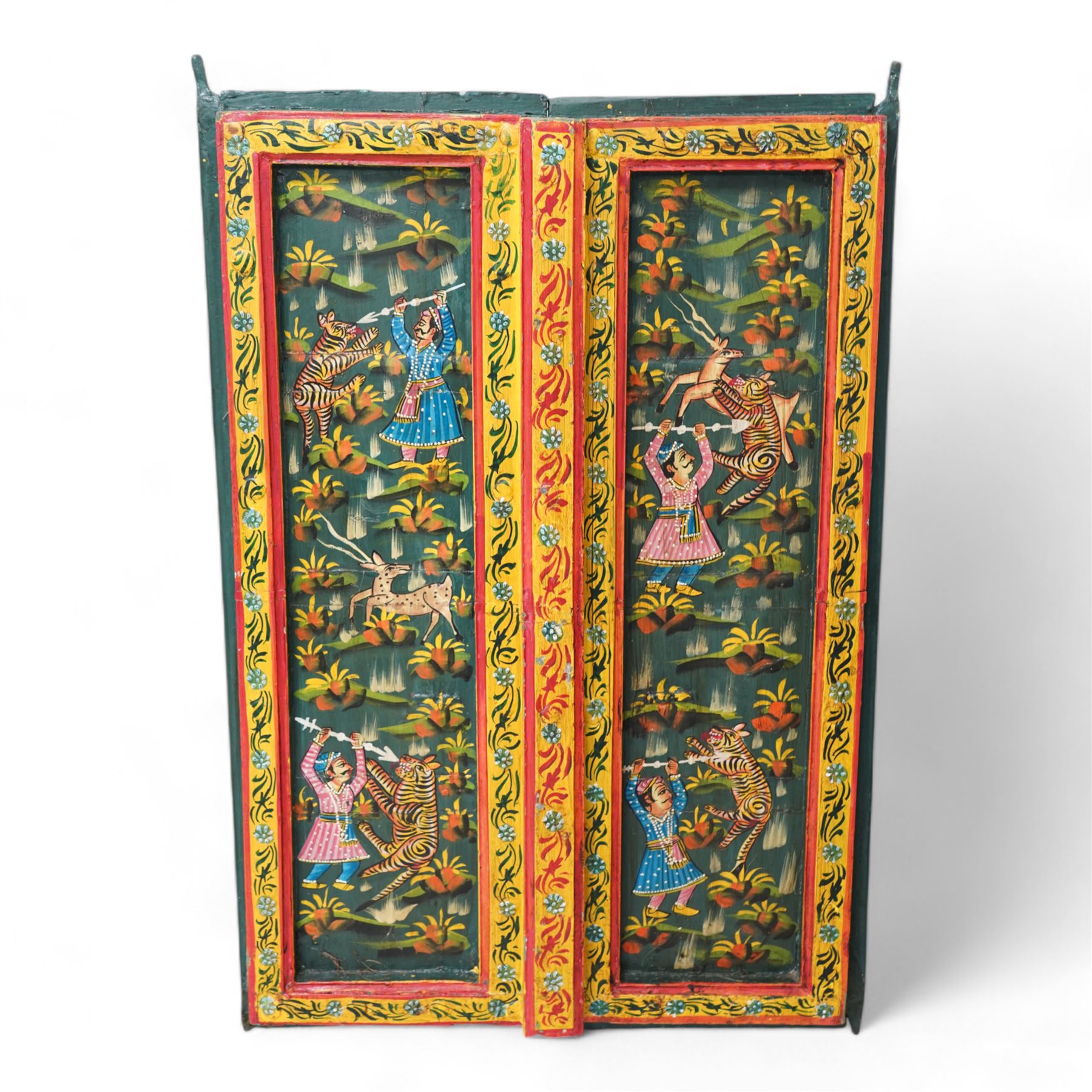 Two painted hardwood window shutters, decorated with tigers and figures 65cm x 93cm & 62cm x 90cm 