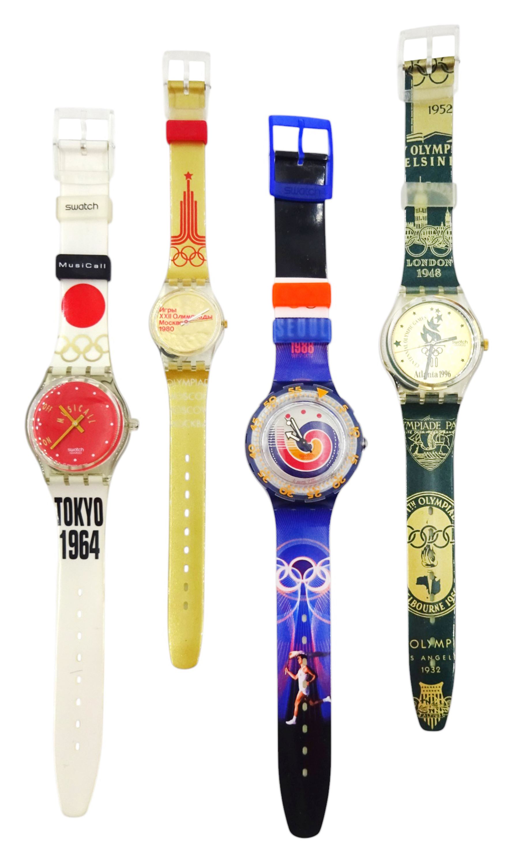 Swatch Historical Olympic Games Watch Collection, eight quartz wristwatches and one automatic, made for the Atlanta 1996 Olympic games