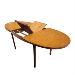 Mid-20th century teak oval extending dining table with set of six teak ladder back chairs with upholstered seats, table W150xD91xH74cm, 199cm extended, chairs W41xD43xH94cm