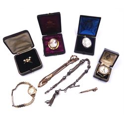 Victorian and later jewellery including silver Albertina chain and locket, 9ct gold cameo brooch, two 9ct gold manual wind wristwatches, one on a gilt strap, gold-plated chain and toothpick etc and four tooled leather velvet and silk lined jewellery boxes