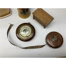 Booths Old Willow pattern plates, teacups and saucers, together with Stuart Crystal bowl with frog lid, small barometer and other collectables