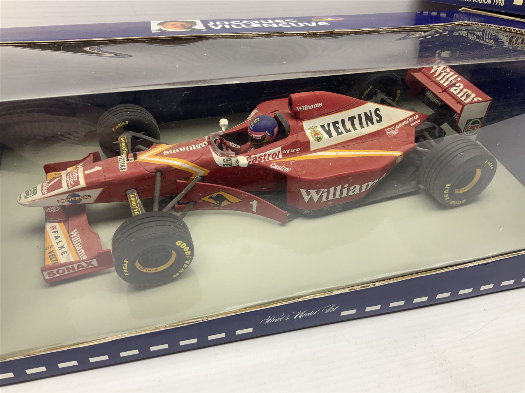 Four Paul's Model Art 1:18 scale die-cast racing cars - Jacques Villeneuve Williams Mecachrome Launch Version 1998 and Williams Renault FW19; Ralf Schumacher Jordan Peugeot 197; and Michael Schumacher Benetton Renault B195 World Champion 1995; all boxed (4)