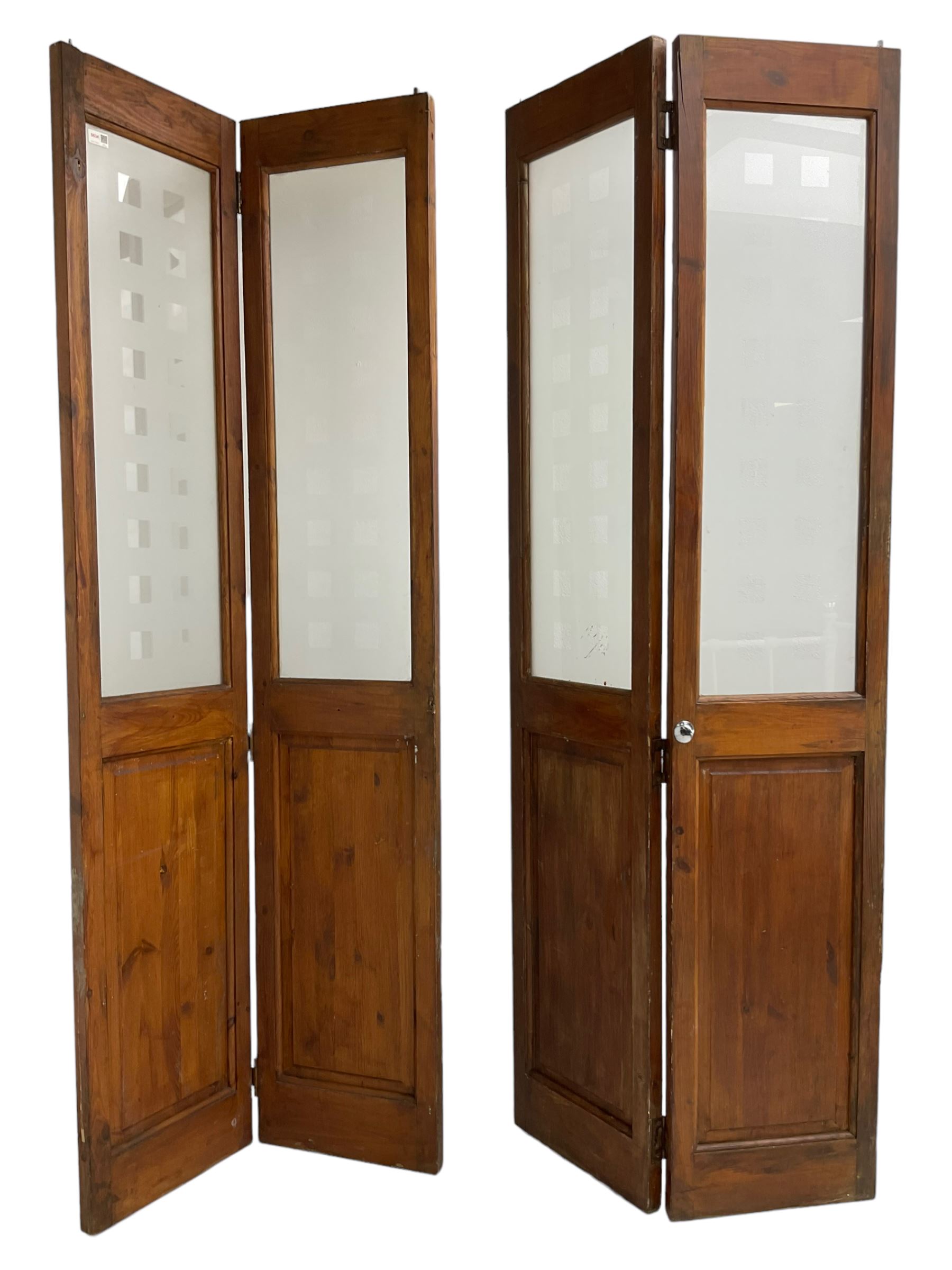 Two double pine room dividers or doors, frosted glass glazed with cube design over panels, in polish finish (74cm x 195cm each double total)