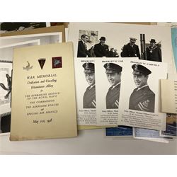 WW2 submarine interest - archive of ephemera and photographs relating to submariner Petty Officer (later Lieutenant) Thomas William Gould V.C. of HMSub Thrasher; predominantly post-war with later copies of contemporary photographs and documents including Certificate of Service in slip-case, War Patrol Reports, First Day Covers, press cuttings, 'For Valour' film script, business cards etc.
Auctioneer's Note: An extract from Gould's VC award citation reads 