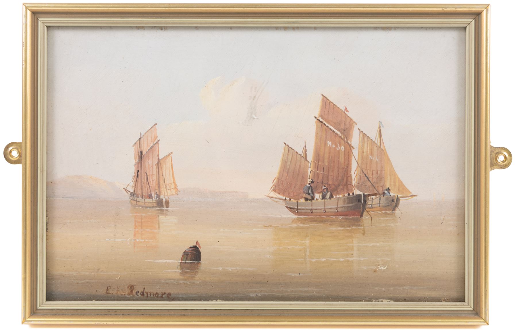 Edward King Redmore (British 1860-1941): Two Boat Scenes with Headlands, two oils on board, together with two further scenes of boats, max 17cm x 18.5cm (4) (one unframed)