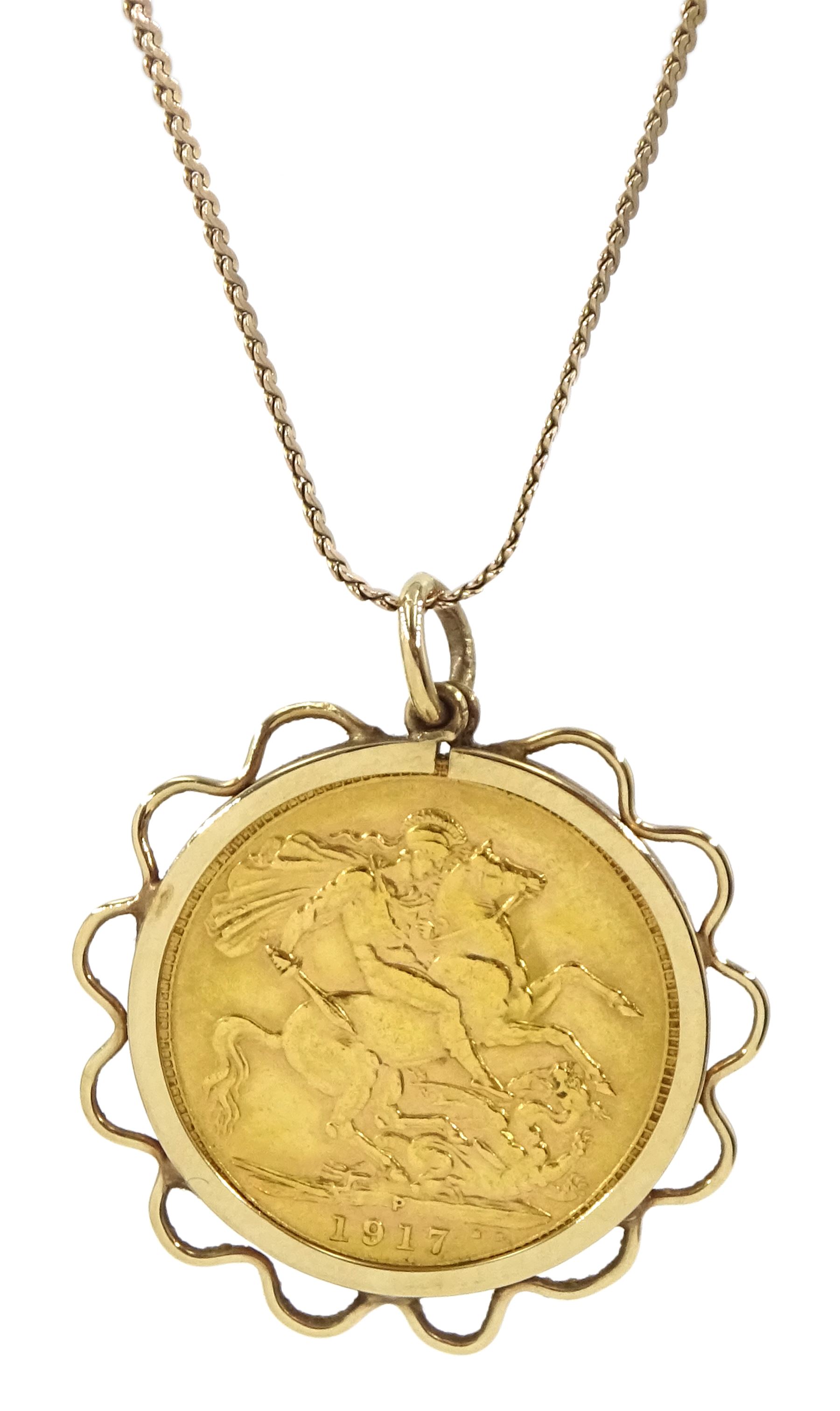 George V 1917 gold full sovereign, Perth mint, loose mounted in pendant on gold chain, hallmarked 9ct