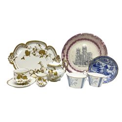 Collection of Victorian and later ceramics to include Gray's Pottery Sunderland lustre York Minister plate, Limoges M. Bishop tea service for one, ornately decorated with gilt foliate sprays on plain white ground, no 2350, Wedgwood no y2715 blue and white sucrier and jug, Chinese blue and white dish with gilt banding,