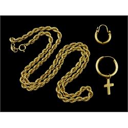 Gold rope twist link necklace and two single earrings, all 9ct 