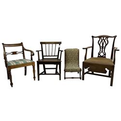 George III walnut elbow chair, bar back over upholstered drop-in seat, scrolled down sweeping arms, on turned front supports (W59cm, H84cm); George III mahogany commode elbow chair, shaped cresting rail over pierced Gothic splat, hinged seat revealing commode, on moulded square supports united by H-shaped stretchers; 19th century country elm elbow chair, rectangular bar back over vertical moulded rails,  plank seat, on square tapering supports united by H-shaped stretchers; Victorian mahogany child's chair, S-scroll form upholstered in foliate pattern fabric (4)