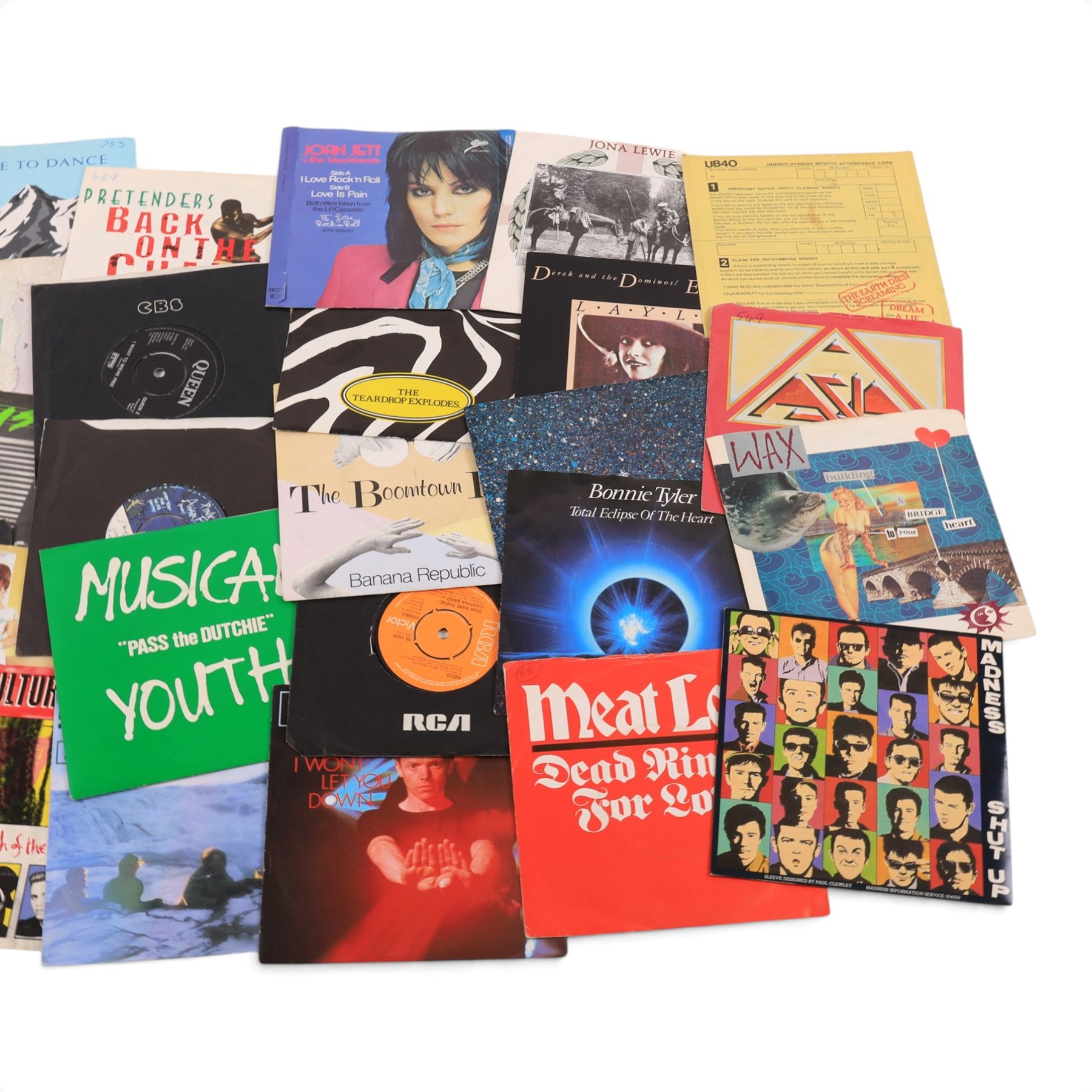 Collection of 7 inch mostly Rock/Pop 45s, including Queen, Pretenders, Duran Duran, The Police, Blondie, Whitney Houston, Culture Club, Meatloaf, etc 