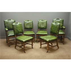  Set six Edwardian oak dining chairs (4+2), studded and upholstered in dark green leather, facated supports and stretchers on castors  
