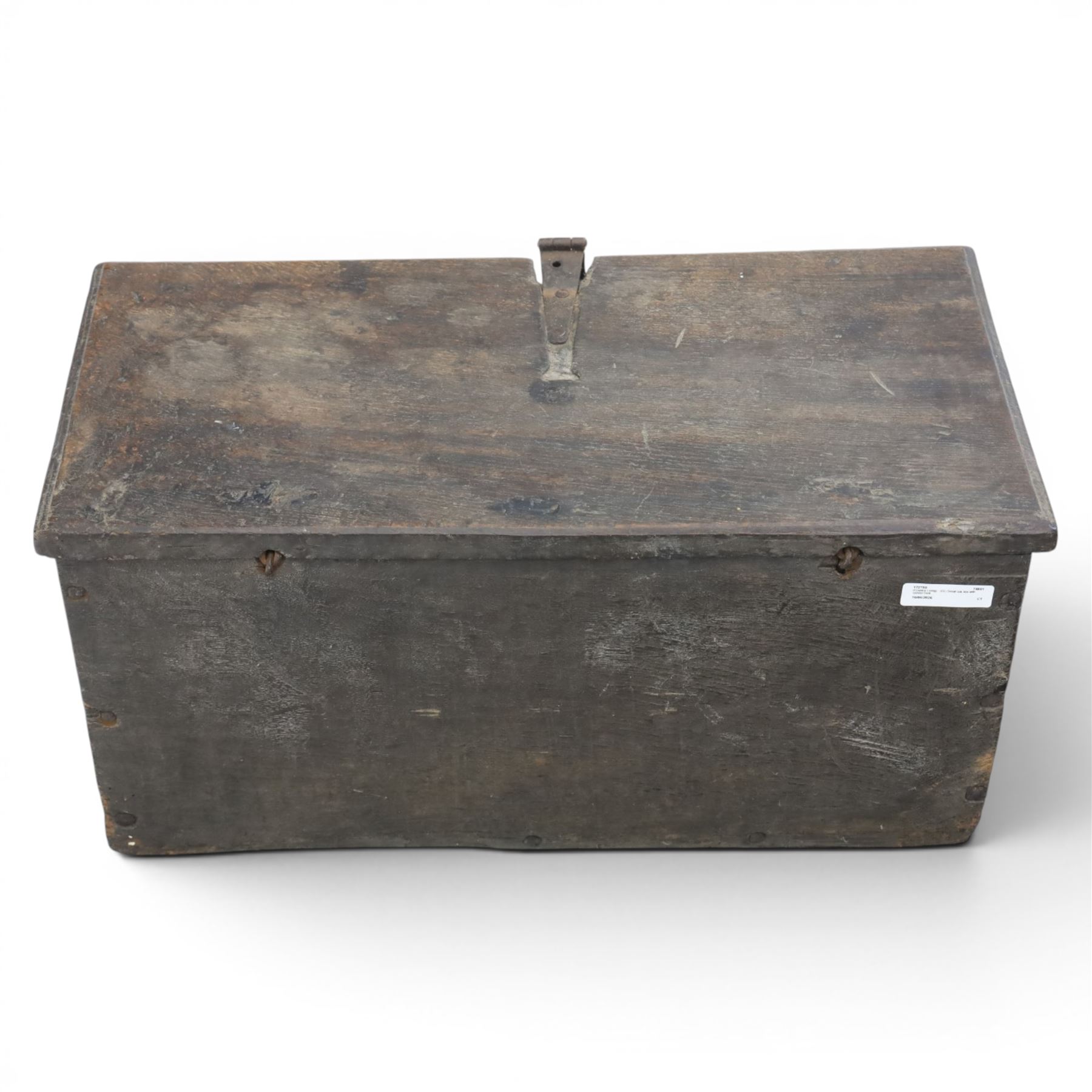18th century small oak box with carved front, iron strap latch and hinges, fitted candlebox