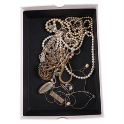 18ct gold split pearl brooch, 9ct gold stone set belly bar, 9ct and silver paste ring, rolled gold ring, silver jewellery, including locket, chains, silver gilt necklace and bracelet, hardstone pendant necklace, earrings, turquoise bracelet, etc