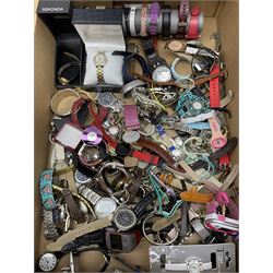 Costume jewellery including necklaces, earrings, brooches, wristwatches etc, coins including commemorative crowns and various other miscellaneous items, in two boxes