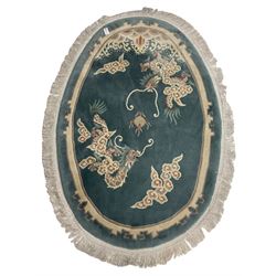 Chinese washed woollen oval dragon rug, turquoise blue ground