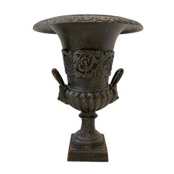 Pair of Victorian design ornate cast iron garden urn, bronze finish, egg and dart border, twin handled column, pedestal base