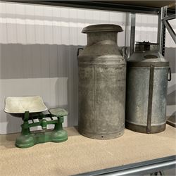 Pair of aluminium vintage milk churns and metal scale - THIS LOT IS TO BE COLLECTED BY APPOINTMENT FROM DUGGLEBY STORAGE, GREAT HILL, EASTFIELD, SCARBOROUGH, YO11 3TX