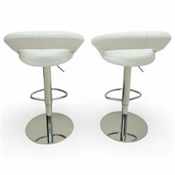Sorento - Contemporary white leather bar stools, each with a circular padded seat and curved open backrest, on a height adjustable chrome pedestal support with footrest and circular base