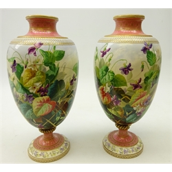  Pair Victorian Copeland porcelain vases, (1851-1895), possibly made for the International Exhibition, the oval bodies painted with profuse summer flowers & foliage within bands of trellis work, gilded and pink ground borders, probably painted by Charles Ferdinand Hurten, H28cm   