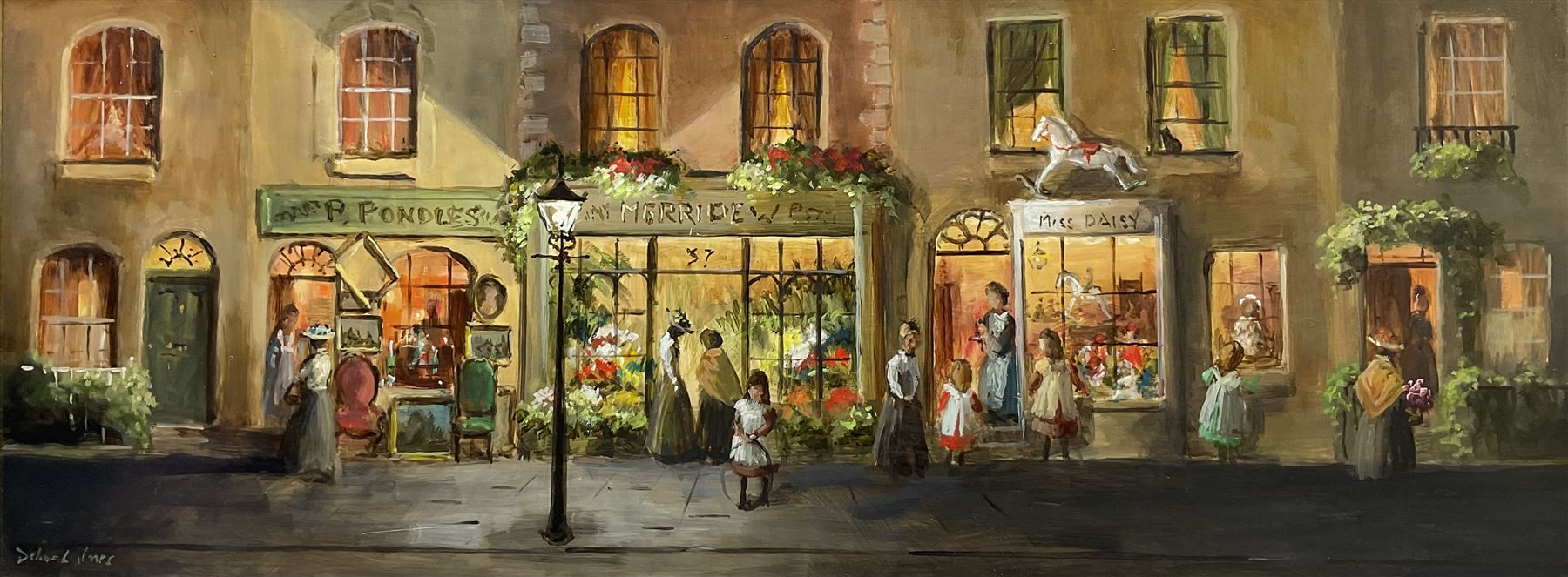 Deborah Jones (British 1921-2012): The Flower Shop, oil on board signed 29cm x 75cm 