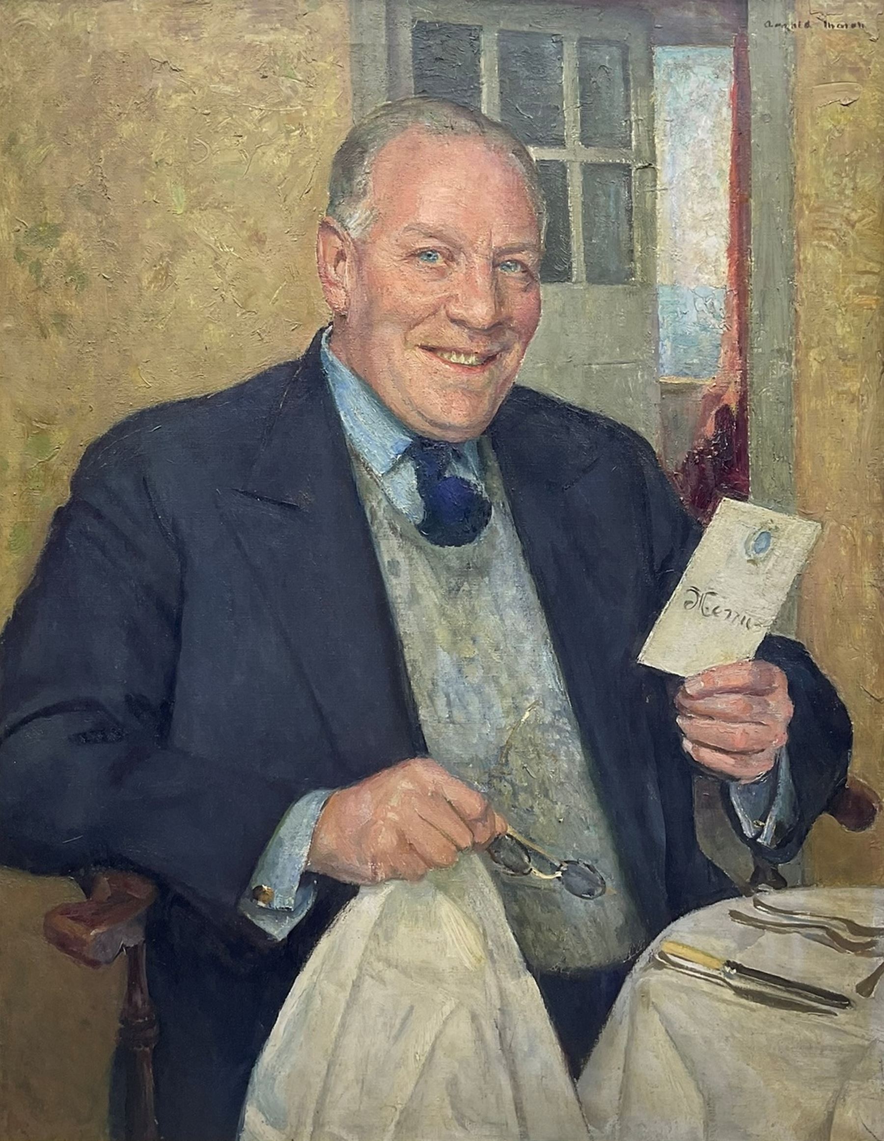 Arnold Henry Mason RA (British 1885-1963): 'The Optimist' - Portrait of H A Thompson, oil on canvas signed 90cm x 70cm
Provenance: exh. Royal Academy 1945, No.466. H A Thompson was Chairman of the London Civil Defence Welfare and a member of the London Toy Committee for Homeless Children. This was one of seven portraits Mason exhibited in the same 1945 exhibition 