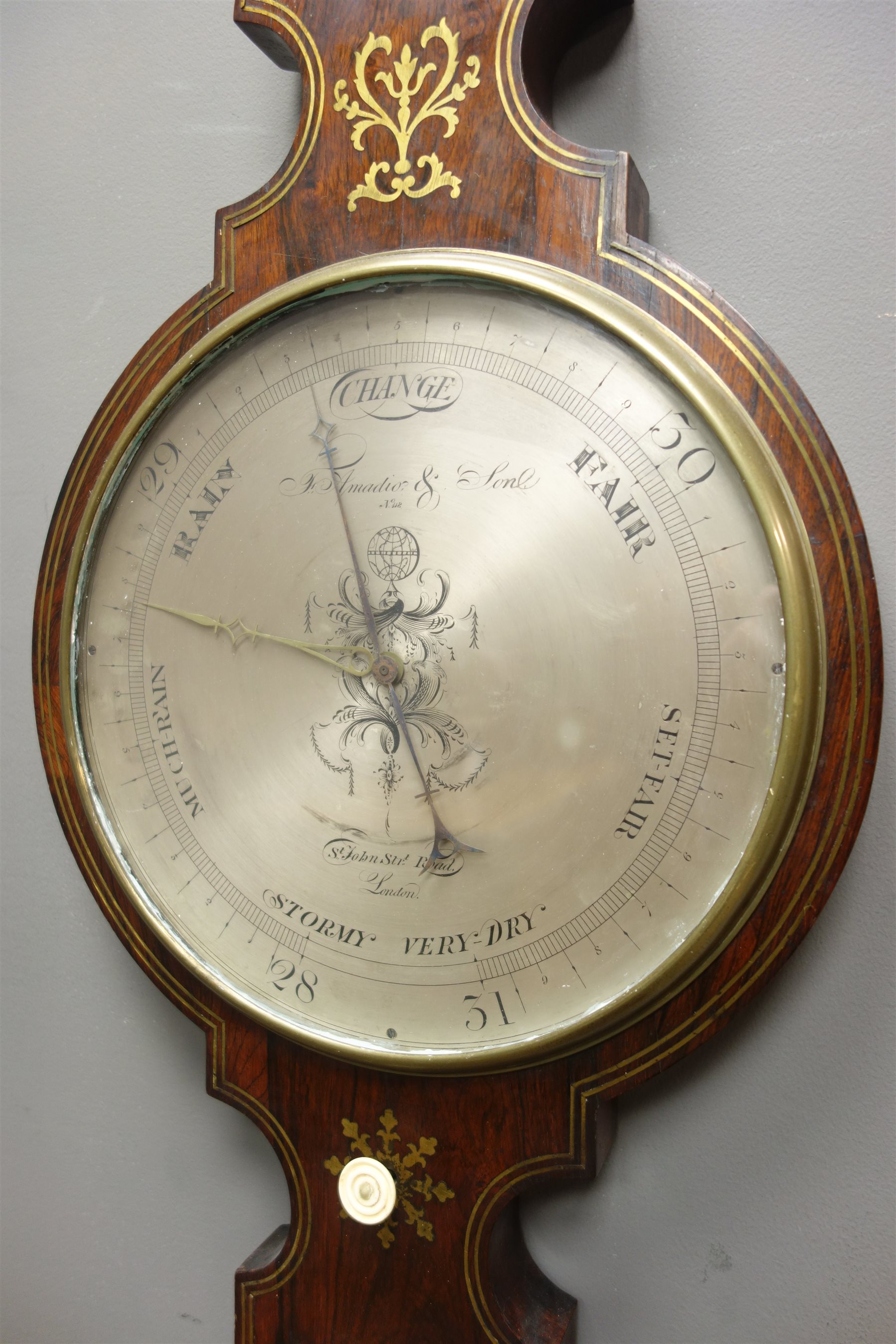 19th century rosewood mercury four dial barometer, swan neck pediment