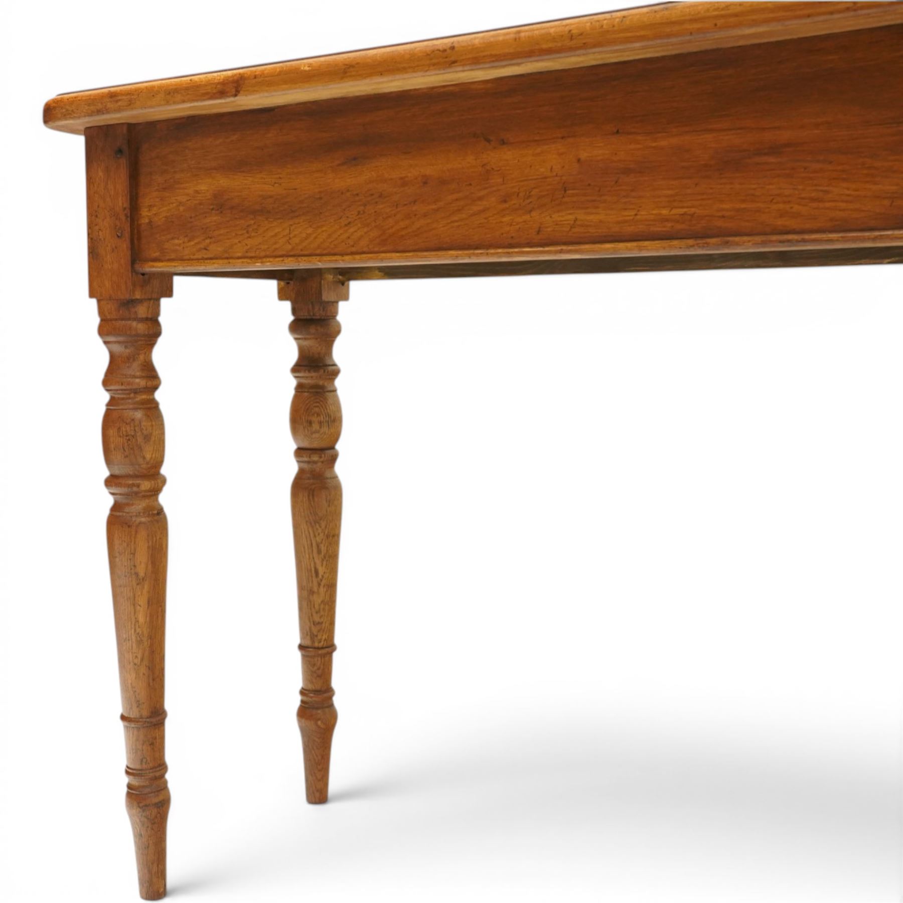 Country style oak server, rectangular top with galleried back and chamfered edges, plain frieze above turned tapering supports