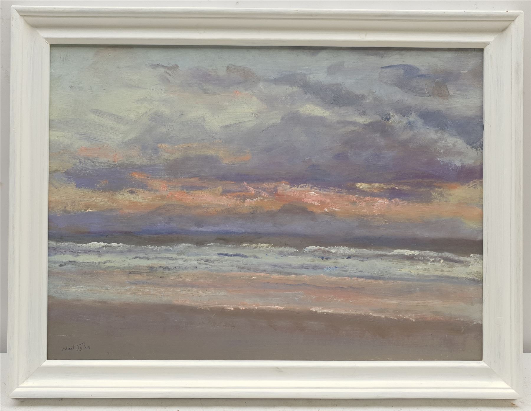 Neil Tyler (British 1945-): 'Stormy Sunrise' off the East Coast, oil on board signed, with a similar painting verso 31cm x 43cm