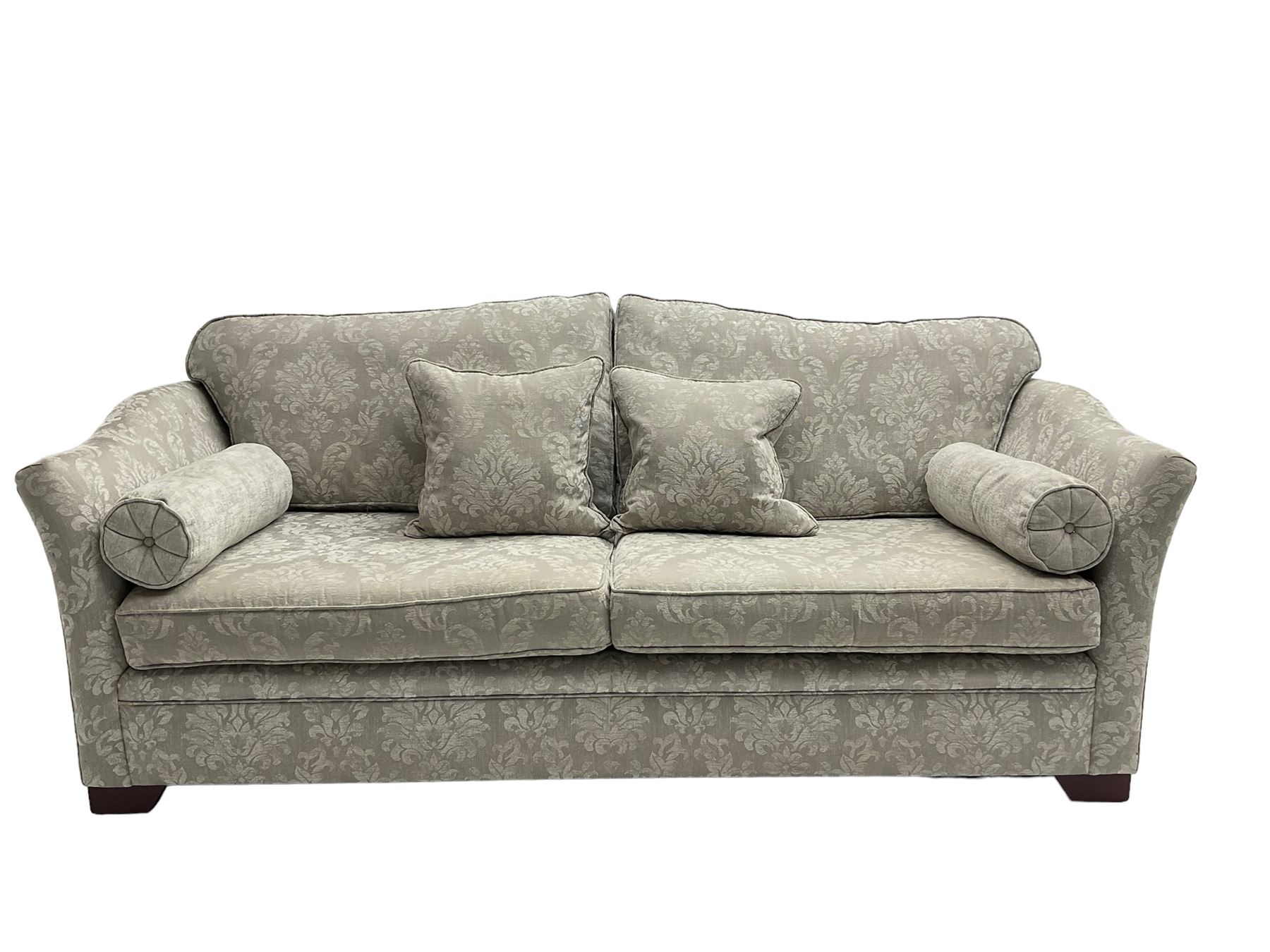 Finline - 'Othello' large three seat sofa, upholstered in light grey silver fabric with foliate pattern
