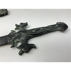 Patinated 'bronze' fantasy dagger, the 26cm blade, hilt and scabbard cast with dragons L50cm overall; hand forged iron spearhead L29.5cm; and a stiletto blade (3)