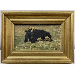 José Weiss (British 1859-1919): Cattle Resting, pair oils on mahogany panel, signed verso 13cm x 23cm (2)