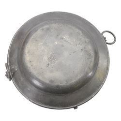 Collection of 19th century and later pewter plates and plate warmer with London and similar touch marks 