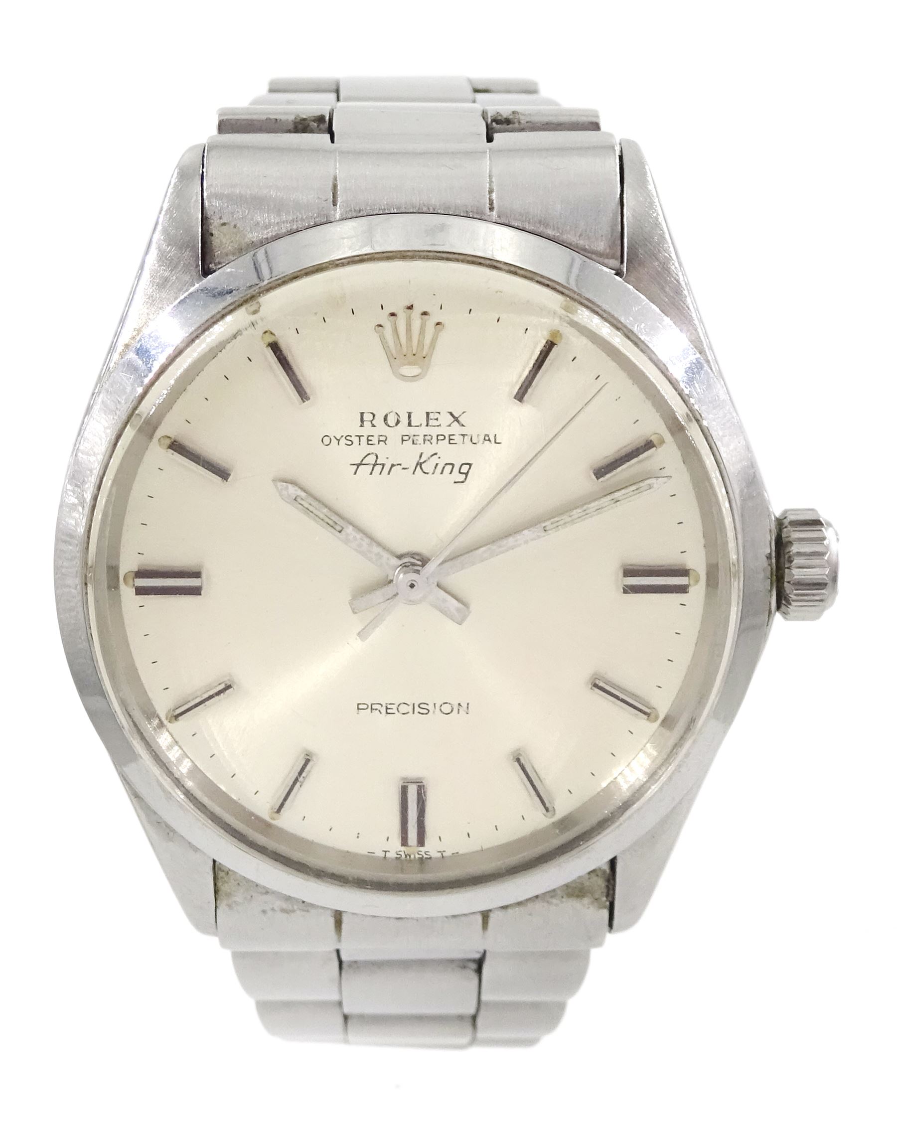 Rolex Air-King Precision gentleman's stainless steel automatic wristwatch, Ref. 5500, serial No. 2275678, silvered dial with baton hour markers, on Rolex Oyster stainless steel bracelet, with fold-over clasp, boxed