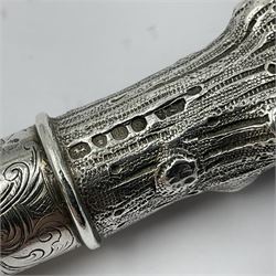 Victorian silver walking cane handle, modelled as a panther upon a tree branch, hallmarked London 1851, maker's mark worn and indistict