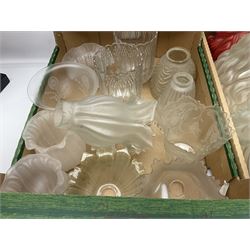 Five frosted glass Flambe lamp shades, together with three similar smaller examples and two coloured examples, and a quantity of other glass lampshades
