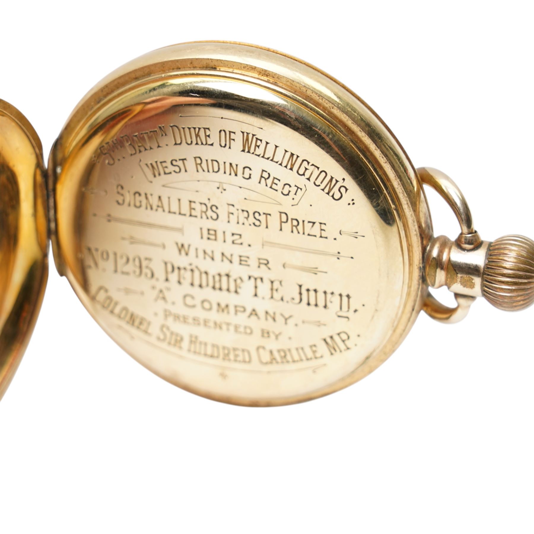 Gentleman's half hunter pocket watch with white dial and seconds dial inscribed '5th Battn. Duke of Wellington's West Riding Regt Signaller's First prize 1912' in gold plated case