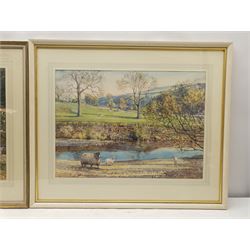 Florence Raingill Walker (British fl.1934-1937): 'Kettlewell from Park Gill' and Lambs by the River, two watercolours signed 38cm x 51cm (2)