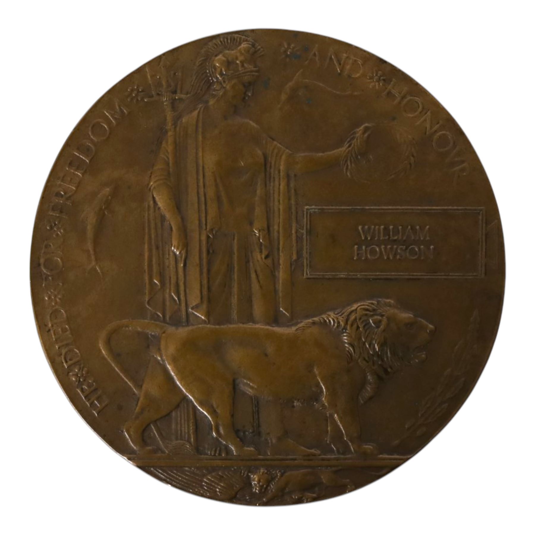 WWI bronze memorial death plaque named to William Howson, D12cm 