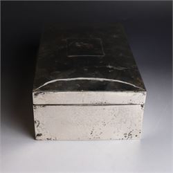 1920s silver mounted cigar box, of rectangular form with later applied vacant rectangular cartouche to hinged cover, opening to reveal compartmentalised softwood interior, hallmarked London 1923, makers mark worn and indistinct, H7cm, W22cm