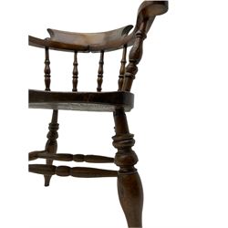 19th century beech and elm smoker's bow armchair, spindle back, turned supports joined by double H stretcher 