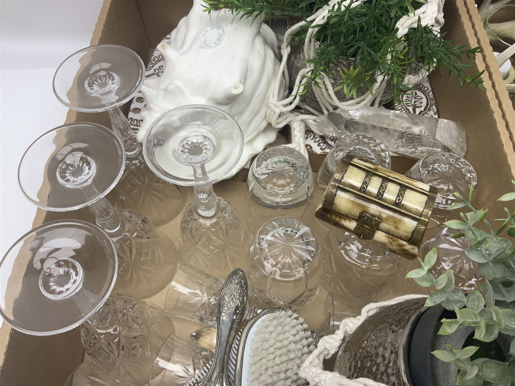 Collection of glass ware, to include six tumblers and six wine glasses, together with other decorative collectables, in two boxes