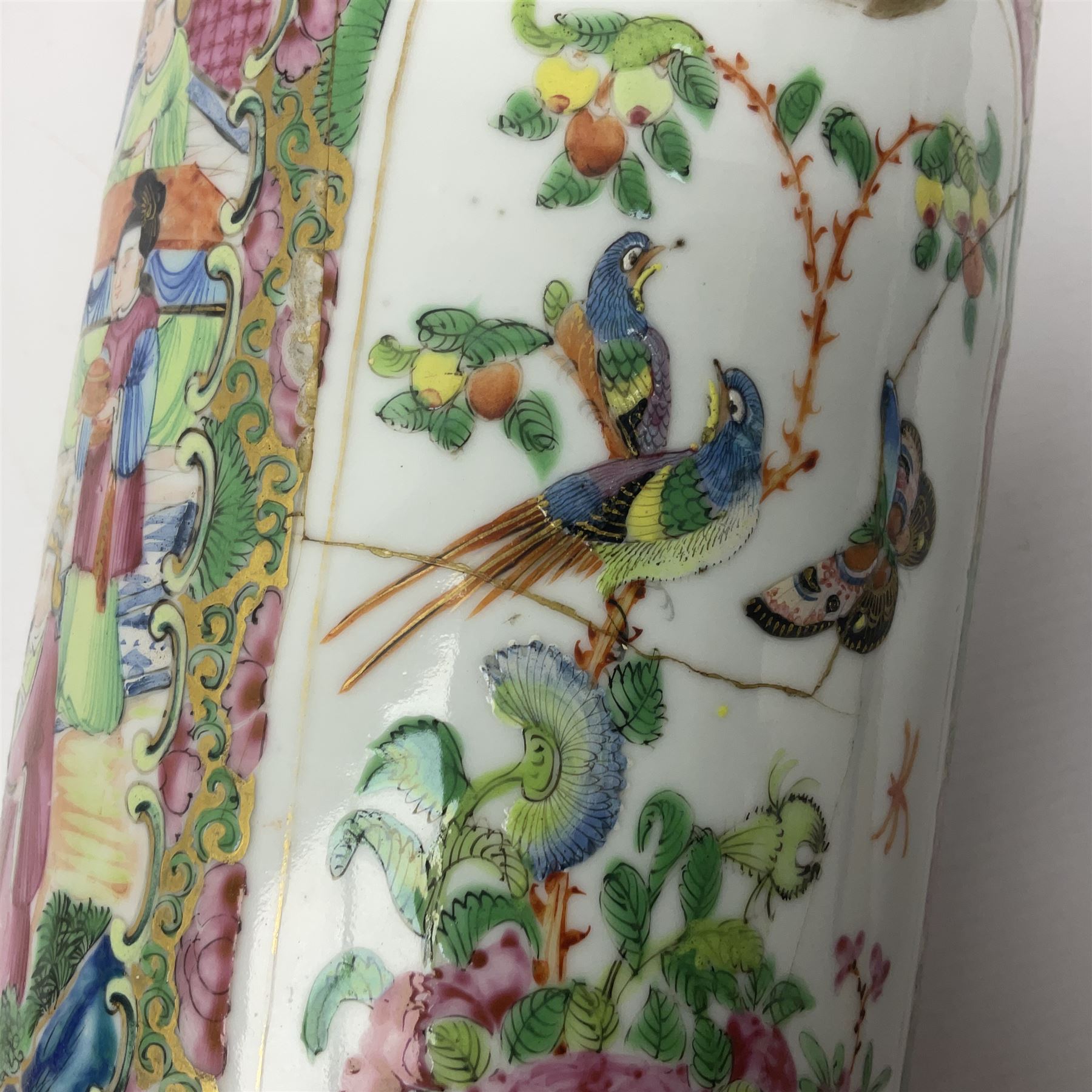 19th century Chinese Canton famille rose vase, converted to a table lamp, of shouldered cylindrical form, with twin gilt lion mask ring handles, the body decorated with four alternating panels of figural scenes and birds and insects, H31cm excluding fitting