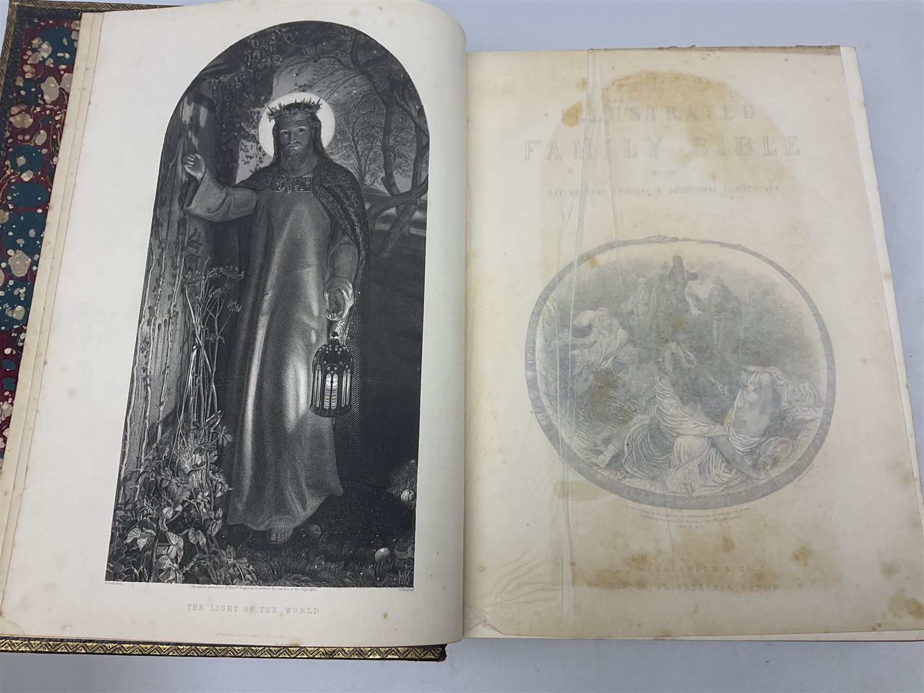 19th century The Illustrated Family Bible with Explanatory Critical & Devotional Commentary, published by  A Fullarton & Co, leather-bound with gilt decoration to cover, with the family register filled in for the Duggleby & Dunn family of Beverley